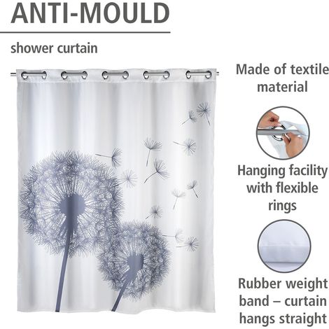 FP – Rideau de douche anti-moisissures 180x200 cm – Polyester hydrofuge – Impression pissenlit – Lavable à 30°C – Anneaux métalliques inclus