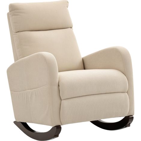 Fauteuil à bascule rembourré en velours côtelé beige avec poches latérales