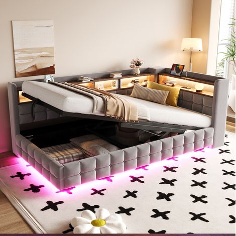 Letto singolo contenitore 90x200 in velluto con LED, prese e mensole, grigio chiaro OKMYHOME (1/5)