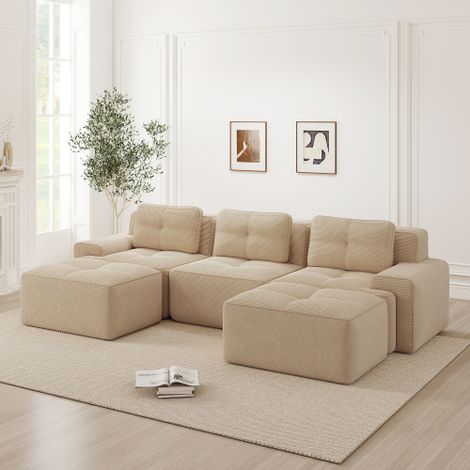 Cloud Modulsofa Boneless U-förmiges Sofa, Modulares Sofa mit Ottoman, Modulares Cloud-Sofa, 3-Sitzer Corduroy-Cloud-Sofa für Wohnzimmer, Montagefreies Sofa, Beige 
WL
