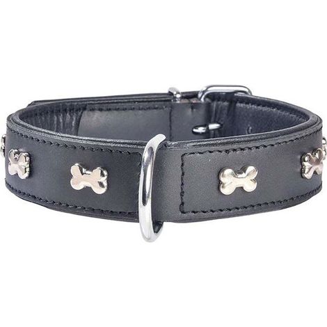 Collare nero 30×1,80 cm: Collare in pelle nero con lucidi ossi nichelati modello Extra Souple per cani