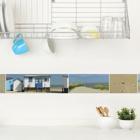 Frise adhésive décorative autocollante 15 cm x 300 cm – Thème bord de mer avec cabanes, dunes et sable – Installation rapide sans colle – Plage (1/2)