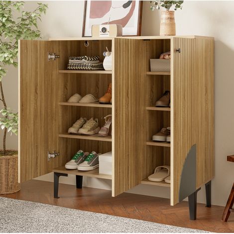 Meuble à chaussures en panneaux de particules effet bois 90x32x94 cm, 3 portes, tablettes intérieures (1/5)
