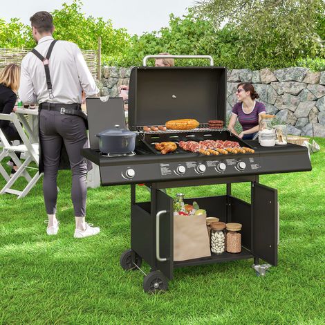 Barbecue a Gas con Fornello Laterale, Tavolino e Armadietto, in Acciaio e PP, 129.5x56x110 cm, Nero