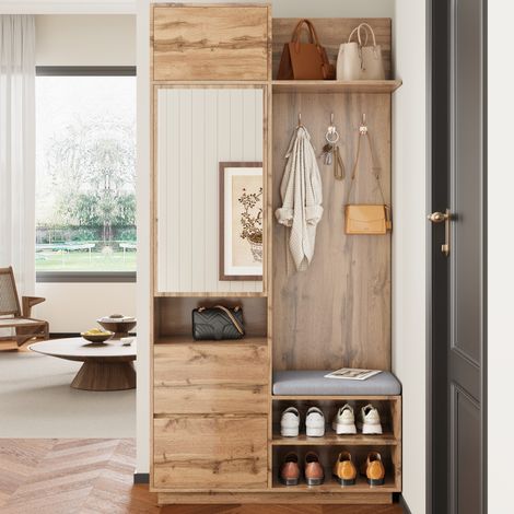 Flurmöbel mit Schuhschrank – mit Spiegel, Bank, Haken, Kleiderhaken – kompakter Schrank – 90 x 34,5 x 190 cm – Holz