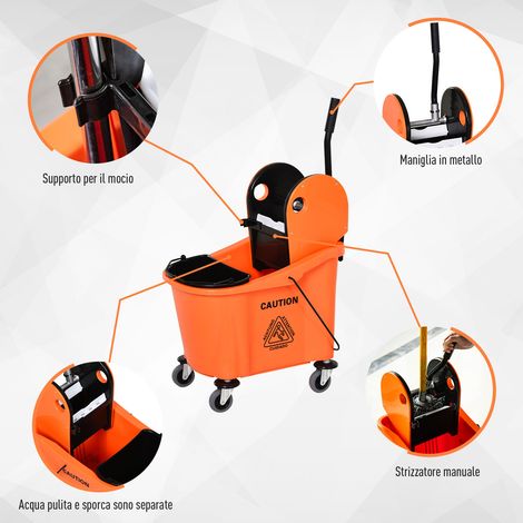 Seau pro 36L, chariot nettoyage sols avec essoreur à main, 2 seaux orange et noir, pour serpillière et lavage.