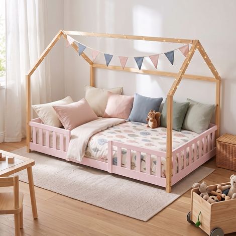 Hausbett Sisimiut mit Rausfallschutz 120x200 cm Rosa/Natur [en.casa] (1/5)