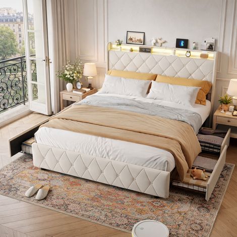 Lit 160x200 avec Sommier LED et USB, Lit capitonné avec 4 Tiroirs de Rangement, Lit Double avec sommier à Lattes, Lit 2 Place pour Enfant Adolescent, sans Matelas, Beige (1/5)