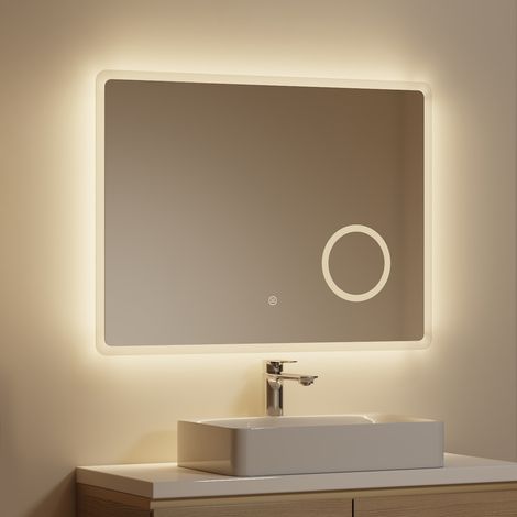 EMKE LED Badezimmerspiegel 80 x 60 cm mit Antibeschlag, 3 Lichtfarben, dimmbar, 3x Vergrößerung, rechteckig (1/5)