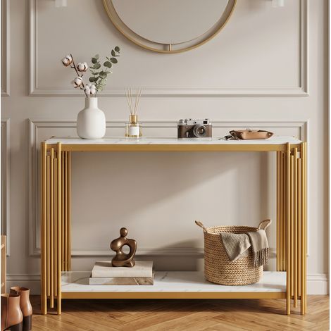 Tavolino consolle 123.5x33.5x80 cm, design a 2 ripiani, effetto marmo, struttura in metallo, oro e bianco (1/5)