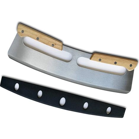 Cortador de pizza basculante, cuchillo de hoja de acero inoxidable con mango doble de madera y cubierta de plástico, rebanador/picador de pizza grande. (1/5)