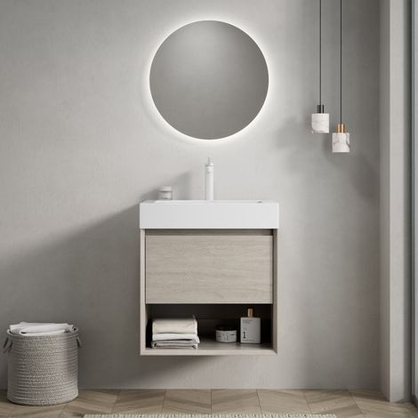 Meuble vasque mural 55x46x60 cm en résine, chêne clair, avec rangement, salle de bain FloraGrace (1/5)