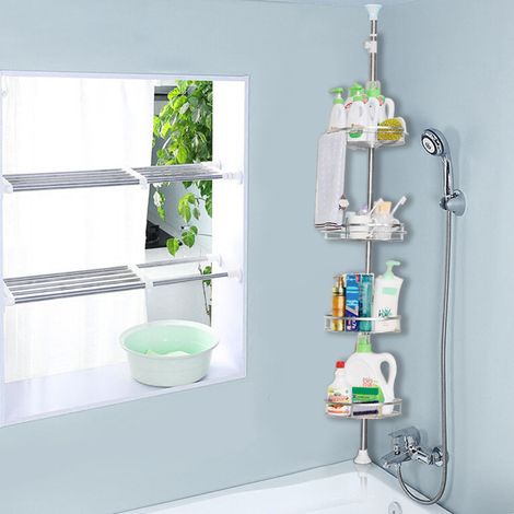 Étagère d'angle de douche télescopique en acier inoxydable – Hauteur réglable 110-280 cm – Installation sans perçage – 4 paniers pour salle de bain – Wyctin