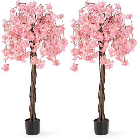 Lot de 2 cerisiers artificiels en fleurs 160 x 40 x 40 cm durabilité et no maintenance style contemporain en polyester rose