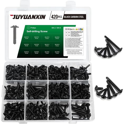 Lot de 420 vis auto-taraudeuses à tôle M4,2 M4,8 - Vis auto-taraudeuses en métal - Vis auto-foreuses pour acier, bois, plastique (noir) (1/5)