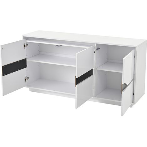 Meuble bas de salon 1404070 cm, buffet avec 3 portes, meuble polyvalent avec cloisons réglables, large rangement fermé sans poignées, meuble d'appoint brillant avec LED, blanc+noir