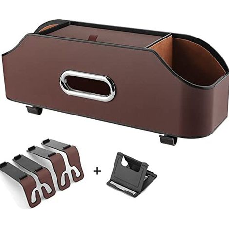 Bolsa multifuncional para el reposacabezas del asiento trasero del coche: portavasos, caja para pañuelos, ganchos para niños y adultos, accesorios de viaje (marrón).