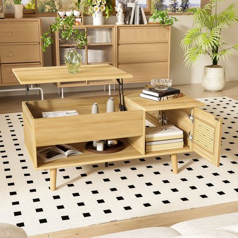 URBAN MEUBLE Table basse relevable effet bois 2 portes en rotin 103x50x60cm