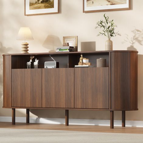 Buffet bas arrondi 160x40 cm avec 3 portes ondulées, 2 niches ouvertes et 5 pieds en bois massif, panneaux de particules, Effet noyer (1/5)