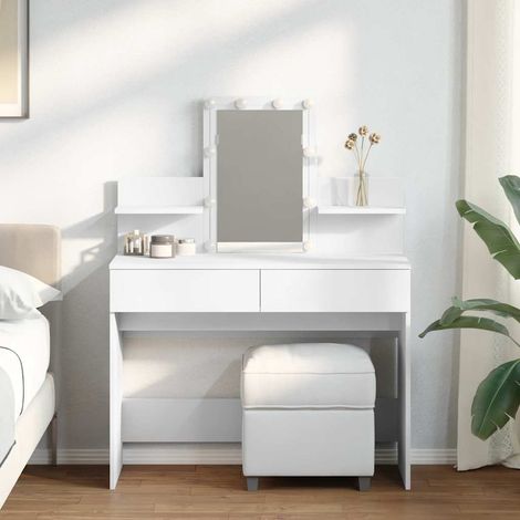 Coiffeuse avec miroir et éclairage LED blanc, 2 tiroirs, 2 étagères, 100 x 40 x 130 cm - PANGIVO (1/5)