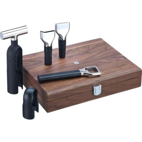 WMF Baric - Set sommelier per vino, 5 pezzi, accessori per vino, cavatappi, tagliapassi, tappo per bottiglie, versatore per vino, apribottiglie, in scatola di legno di noce, nero (1/5)