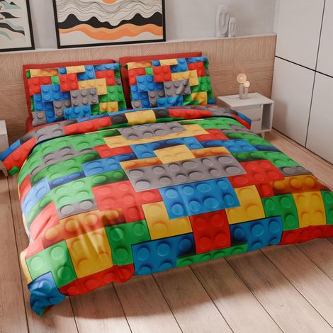 Housse de Couette 1 Place 135x200 cm 1 Taie 75x50 cm Incluse, Parure en Microfibre Imprimée Briques (1/5)