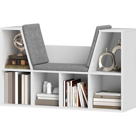 Librería con asiento, 6 compartimentos, tapizada, 105 x 30 x 63 cm, blanca (1/5)