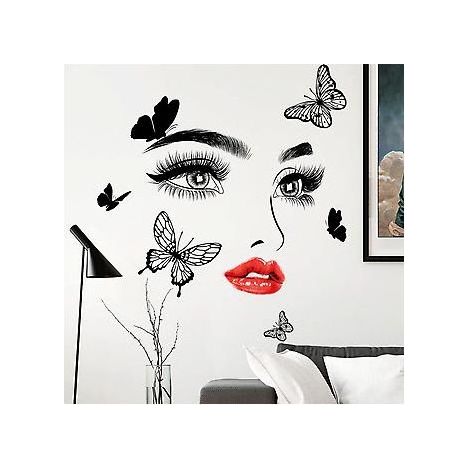 Sticker mural « Visage, yeux et lèvres d'une belle jeune fille », sticker mural papillon féminin et confiant, stickers muraux amovibles pour chambre et salon (1/4)