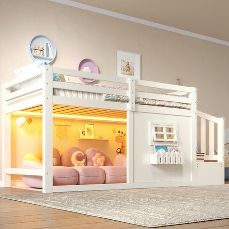 Lit Mezzanine 90 x 200 cm éclairage LED Lit Simple échelle de rangement fenêtre intégrée structure en pin finition blanche (1/5)