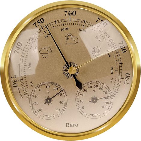 Station météo analogique - Station météo analogique pour l'intérieur et l'extérieur - Composé d'un baromètre, d'un thermomètre et d'un hygromètre - Convient pour le jardin, la chambre à coucher（Or，128