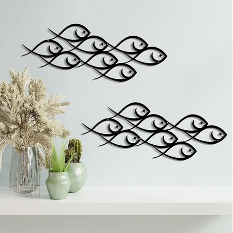 Lot de 2 décorations murales en métal, grande famille de poissons, art mural moderne en métal, sculpture de poisson minimaliste, décoration murale rustique pour intérieur ou extérieur, cuisine (1/5)