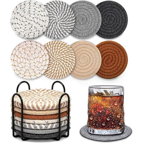 Set mit 8 Untersetzern (inkl. Aufbewahrungsgestell), wasserabsorbierende Untersetzer, für Couchtische, minimalistisches Set aus gewebten Baumwoll (1/5)