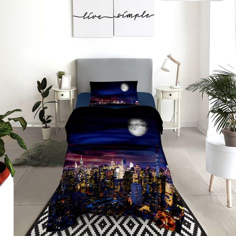 Completo Letto Lenzuola 100% Cotone Set Lenzuolo Moderno Sotto Sopra Federe Due Stampe In Altissima Definizione Dis61manhattan - Singolo