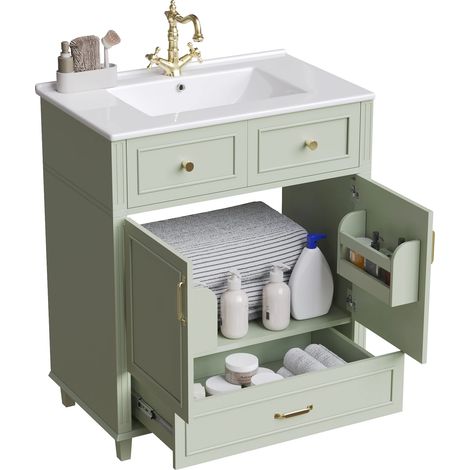 Meuble sous vasque Vert,Meuble de salle de bain avec Vasque céramique,1 tiroir amorti ,grande porte,2 étagères intégrées,81x46,5cm