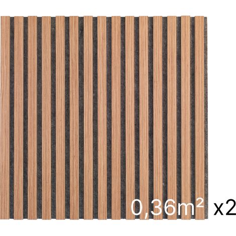 Lot 2 Panneaux Muraux Acoustiques en Bois - 60x60cm - Cerisier Naturel - A Lattes - Panneau Tasseau de Bois Naturel