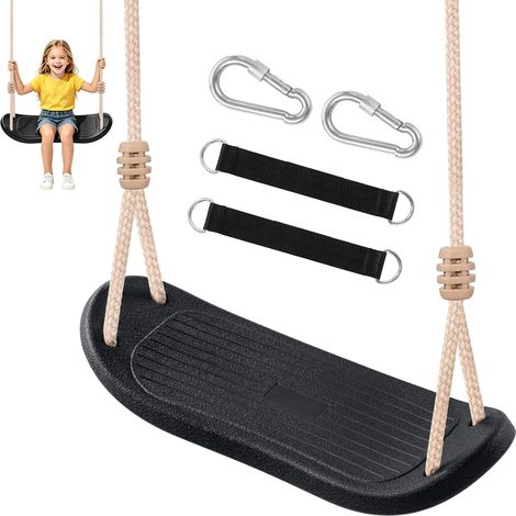 Balançoire d'arbre pour Enfants - Siège Ergonomique résistant jusqu'à 120 kg, avec Cordes réglables et 2 mousquetons, pour Jardin et Aire de Jeux extérieure, Noir