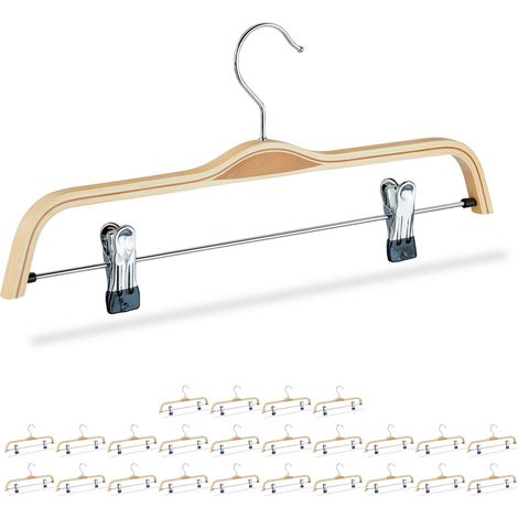 25 x wooden trouser hangers, with adjustable rubberised clips and 360° swivel hooks, 37 cm wide, natural finish