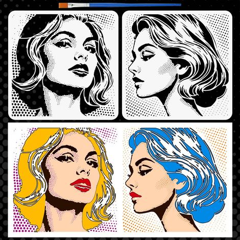 2Pcs Pochoirs Femme Avec Un Pinceau 30x30cm Pochoirs Pop Art Femme Modèles de Portrait Réutilisables 2 Styles Pochoir de Visage de Femmes pour Maison Meuble Mur Bois Artisanat DIY (1/5)