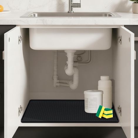 Tapis sous évier, revêtement de placard en silicone imperméable avec bord surélevé, protection d'évier et plateau d'égouttement pour cuisine et salle de bain (noir, 61 x 61 cm) (1/5)