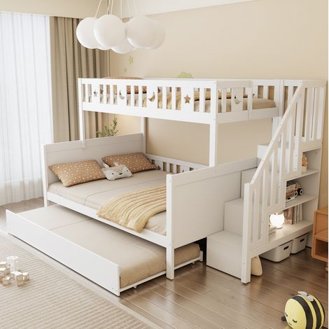 Letto a castello per bambini 90x200/140x200 cm con scala contenitore e letto estraibile, bianco (1/5)