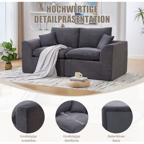 Canapé, en tissu, 2 places, gris, pour chambre, design minimaliste pour salon et chambre, confortable avec coussins, assise confortable