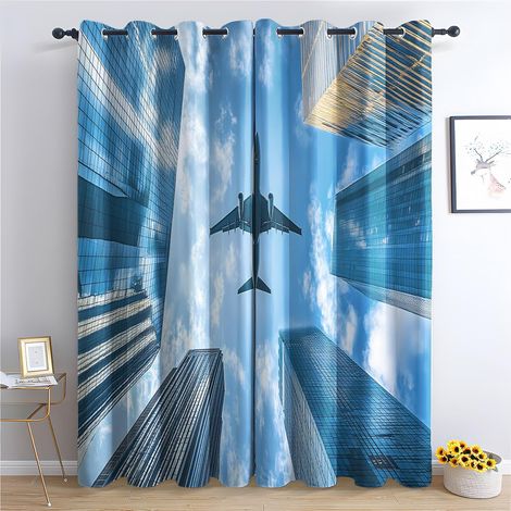 Rideau Occultant Avion - Décoration Avion, Rideau Thermique Motif Aviation Skyline Urbain, Lot de 2 Rideaux Opaque à Oeillets pour Fenetre Chambre Salon Chambre Enfant, 140x160 cm (LxH) - 2x L 140 X H (1/5)