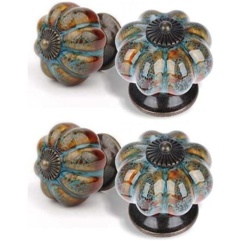 Lot de 6 Boutons de Tiroir Forme Citrouille Poignées Meuble en Céramique Antiques pour Placard Armoire Commode - Léopard Bleu (1/3)