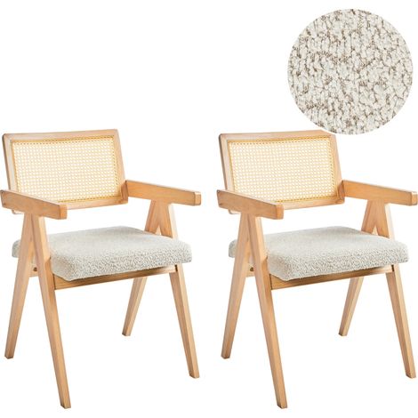 Conjunto de 2 sillas de comedor retro estructura de madera de caucho asiento de bouclé comedor cocina marrón claro y beige claro Ava (1/5)