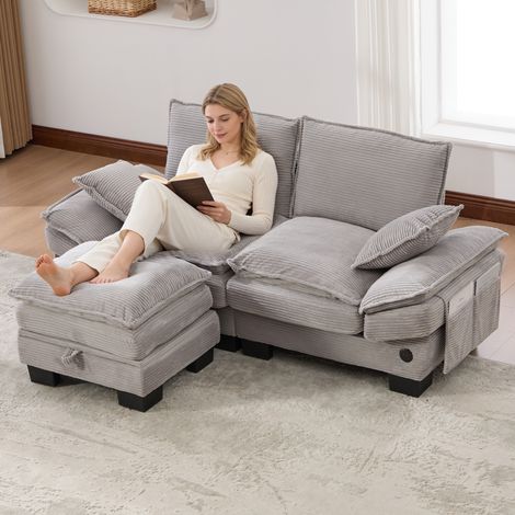 Canapé modulaire 2 places avec tabouret en velours côtelé,siège large,mousse haute densité,port USB-C et poches latérales,gris clair. (1/5)