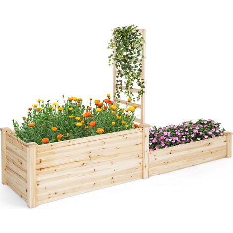 Carré potager surélevé en bois naturel avec treillis et 2 bacs de plantation, pieds démontables pour jardin, terrasse et cour (1/5)