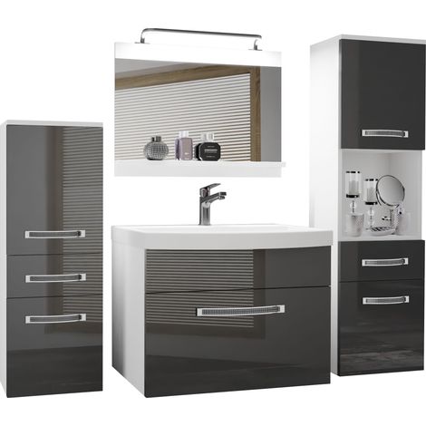 Belini – Ensemble de meubles de salle de bain avec lavabo 60 cm – Miroir 60 x 50 cm – 2 armoires suspendues 30 x 113,5 cm – Kit d'éclairage LED inclus (1/4)