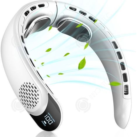 1 Ventilateur de cou, sans fil, 3 vitesses, affichage numérique, 4000 mAh, blanc, bureau voyage (1/4)