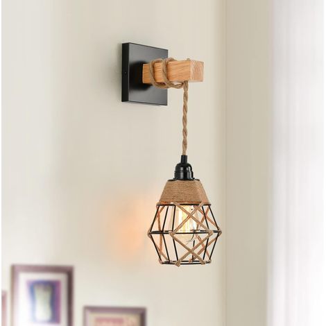 Applique murale en rotin avec câble de 50 cm, abat-jour vintage avec corde de chanvre E27, kit de support pour chambre à coucher, cuisine, balcon, allée (1/5)