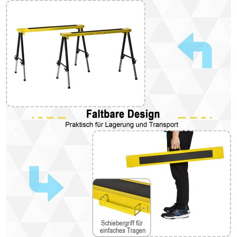 Chevalets DURHAND (lot de 2) : pieds pliables en métal antidérapant, couleur jaune et noir, taille 100 x 49 x 62-90 cm, charge max 100 kg (1/4)